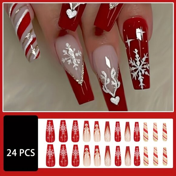 24-Piece Christmas Nail Art Set Long Ballet-Shaped Press-on Nails with Snowflake - Picture 2 of 6